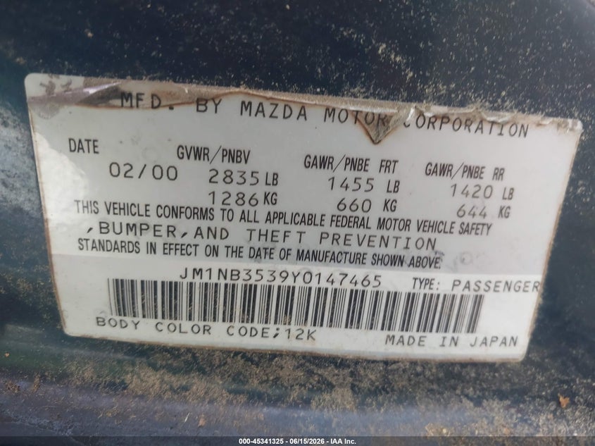 2000 Mazda Mx-5 Miata Ls/Special Edition VIN: JM1NB3539Y0147465 Lot: 45341325