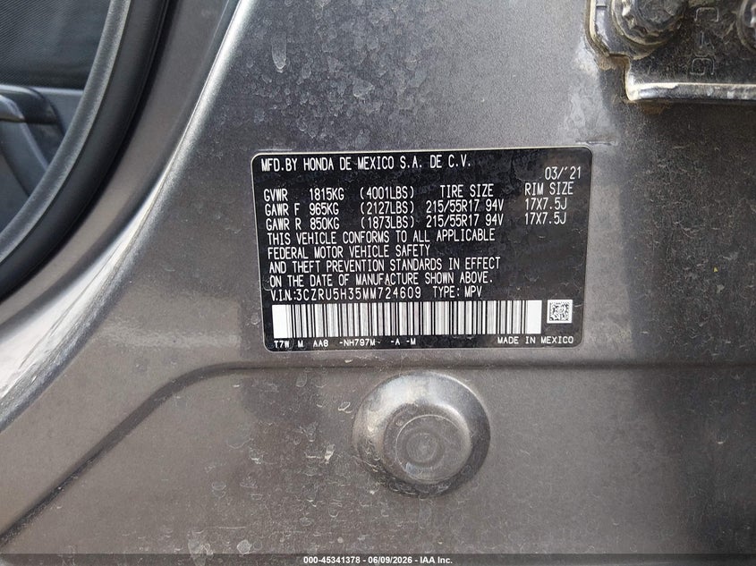 2021 Honda Hr-V 2Wd Lx VIN: 3CZRU5H35MM724609 Lot: 45341378