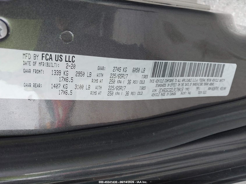 DODGE GRAND CARAVAN 2020 VIN 2C4RDGCG2LR170416
