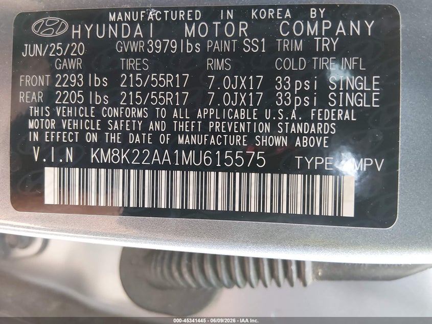 2021 Hyundai Kona Sel VIN: KM8K22AA1MU615575 Lot: 45341445