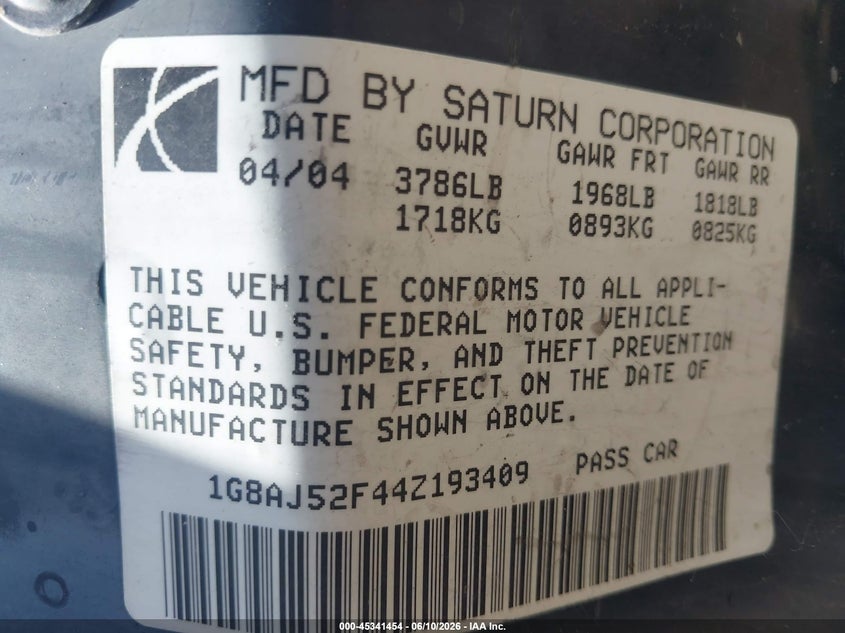 2004 Saturn Ion Ion 2 VIN: 1G8AJ52F44Z193409 Lot: 45341454