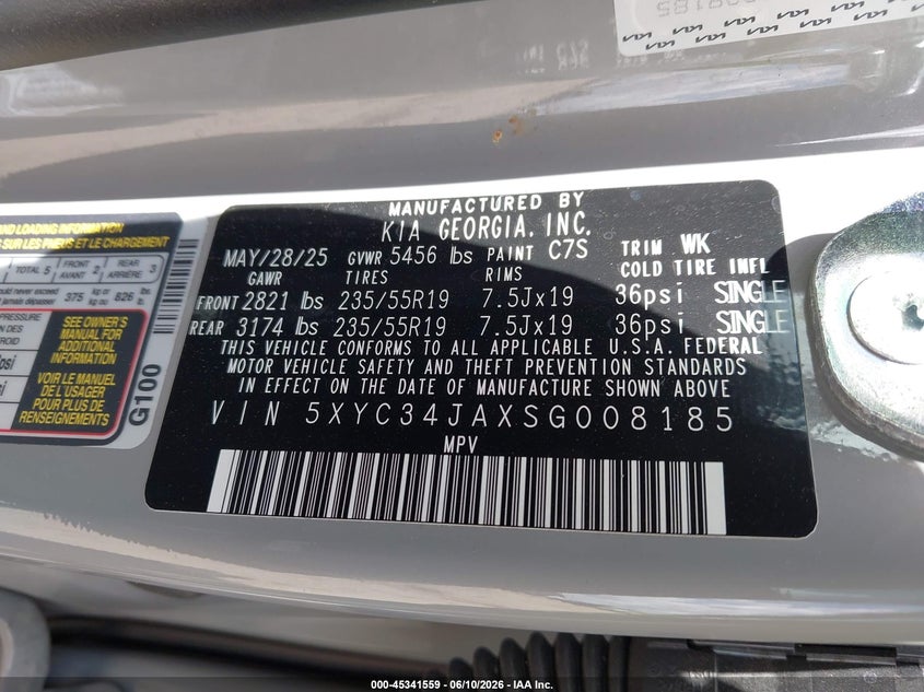 2025 Kia Ev6 Light Long Range Rwd VIN: 5XYC34JAXSG008185 Lot: 45341559