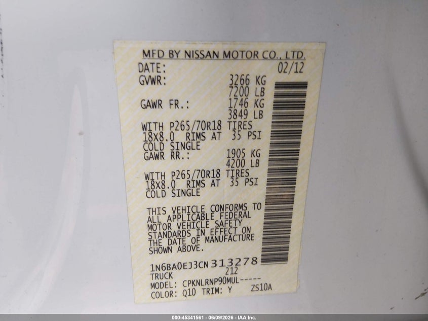 2012 Nissan Titan S VIN: 1N6BA0EJ3CN313278 Lot: 45341561