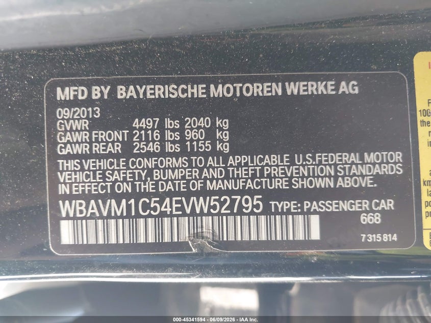 2014 BMW X1 Sdrive28I VIN: WBAVM1C54EVW52795 Lot: 45341594