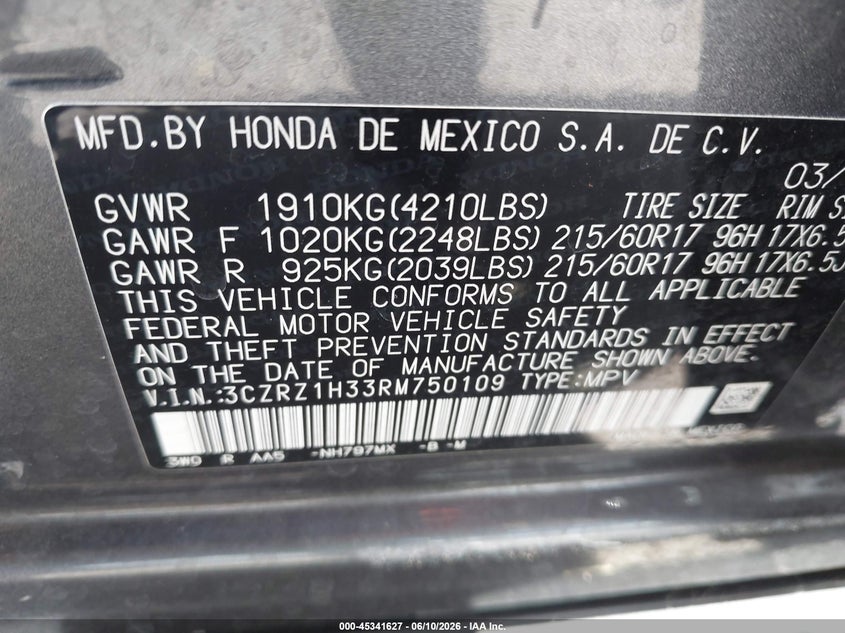 VIN 3CZRZ1H33RM750109 2024 HONDA HR-V 2WD LX