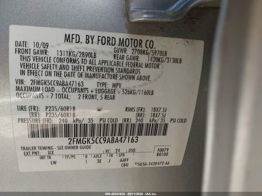 2010 Ford Flex Sel VIN: 2FMGK5CC9ABA47163 Lot: 45341635