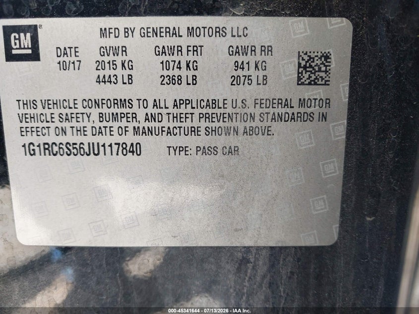 2018 Chevrolet Volt Lt VIN: 1G1RC6S56JU117840 Lot: 45341644