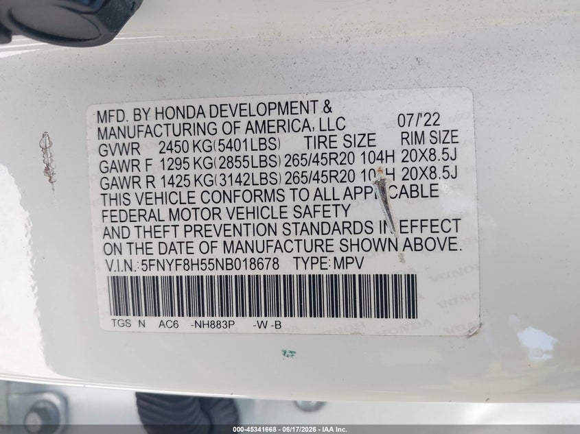 2022 Honda Passport Awd Ex-L VIN: 5FNYF8H55NB018678 Lot: 45341668