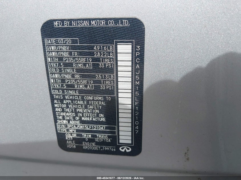 2020 Infiniti Qx50 Luxe VIN: 3PCAJ5M15LF121047 Lot: 45341677