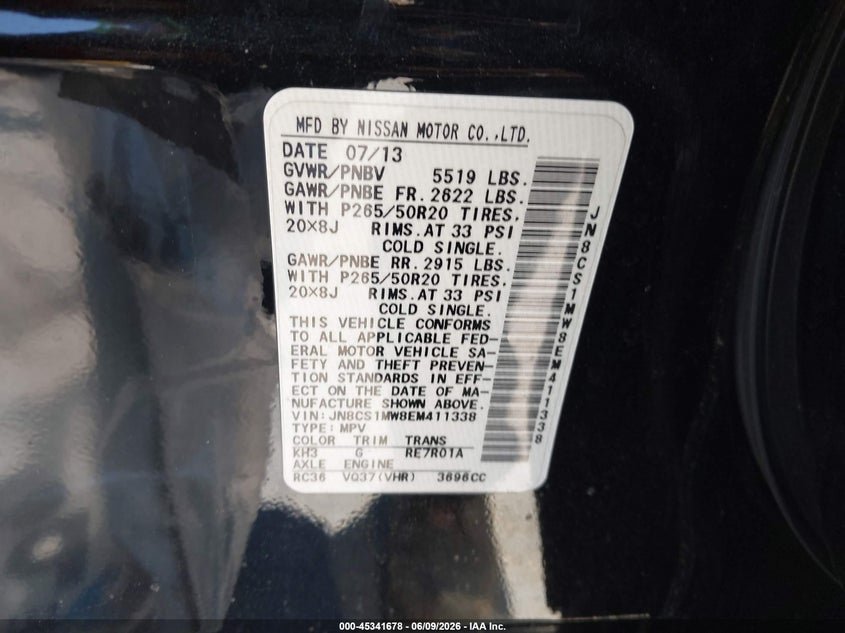 2014 Infiniti Qx70 VIN: JN8CS1MW8EM411338 Lot: 45341678