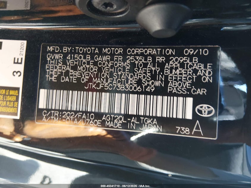 2011 Scion Tc VIN: JTKJF5C73B3006149 Lot: 45341710