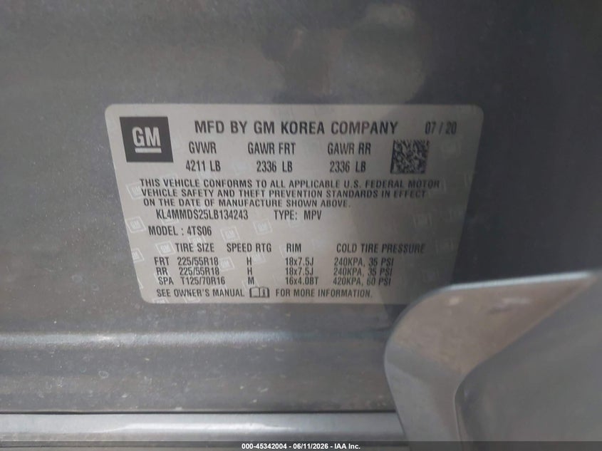 2020 Buick Encore Gx Fwd Select VIN: KL4MMDS25LB134243 Lot: 45342004