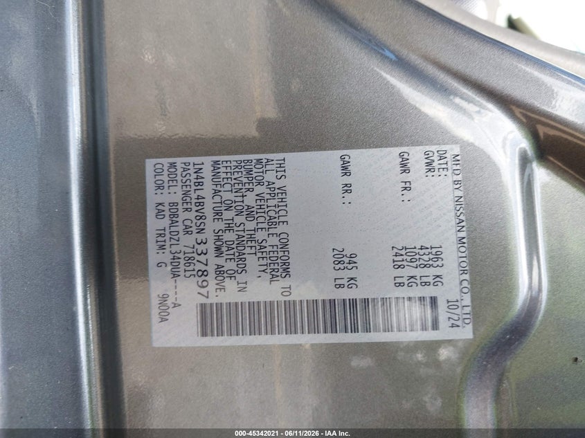 NISSAN ALTIMA 2025 VIN 1N4BL4BV8SN337897