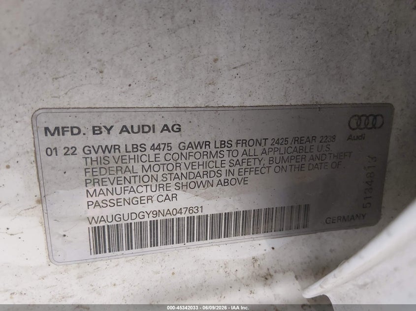 2022 Audi A3 Premium 40 Tfsi Quattro S Tronic VIN: WAUGUDGY9NA047631 Lot: 45342033