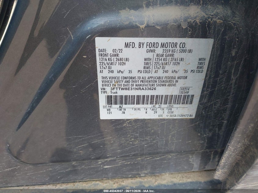 2022 Ford Maverick Xlt VIN: 3FTTW8E31NRA33626 Lot: 45342037