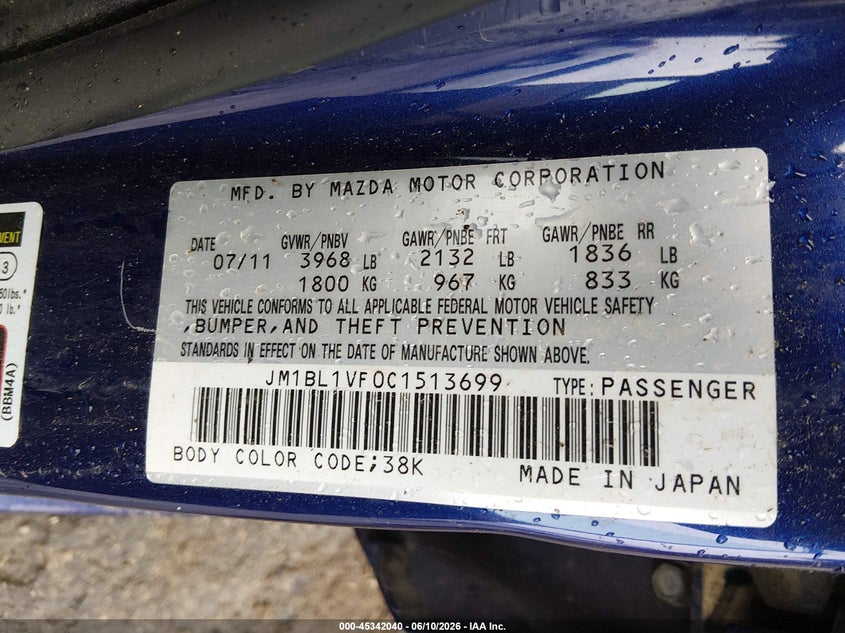 2012 Mazda Mazda3 I Touring VIN: JM1BL1VF0C1513699 Lot: 45342040