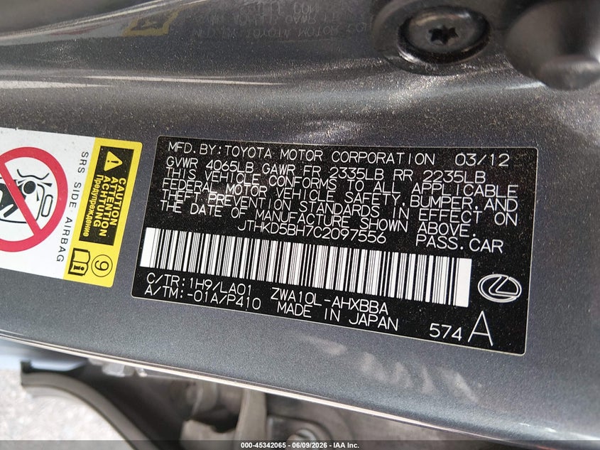 2012 Lexus Ct 200H Premium VIN: JTHKD5BH7C2097556 Lot: 45342065