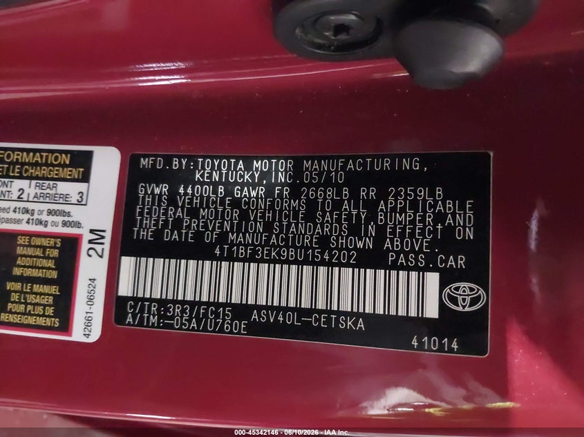 2011 TOYOTA CAMRY SEDAN 2.5L I-4 DOHC, VVT, 179HP