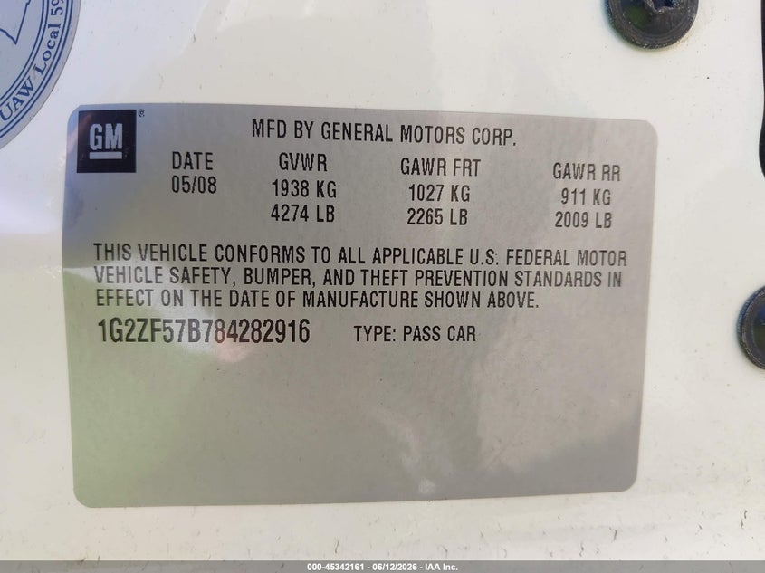 2008 Pontiac G6 Value Leader VIN: 1G2ZF57B784282916 Lot: 45342161