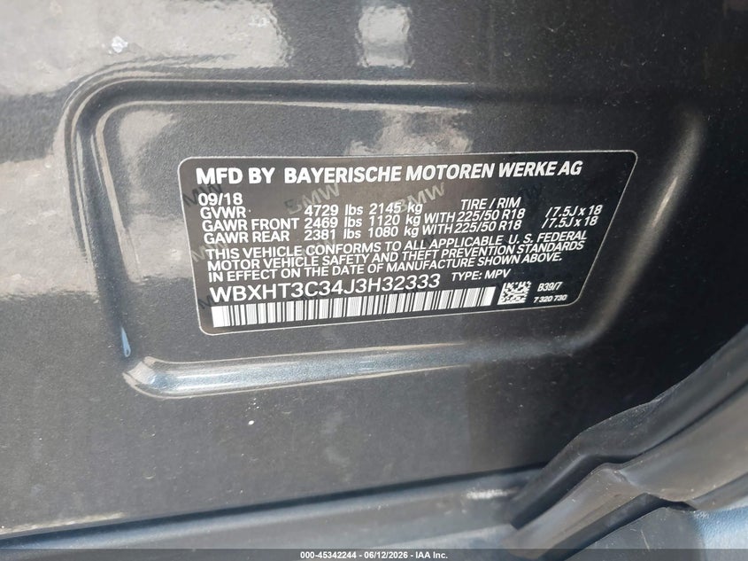 BMW X1 2018 VIN WBXHT3C34J3H32333