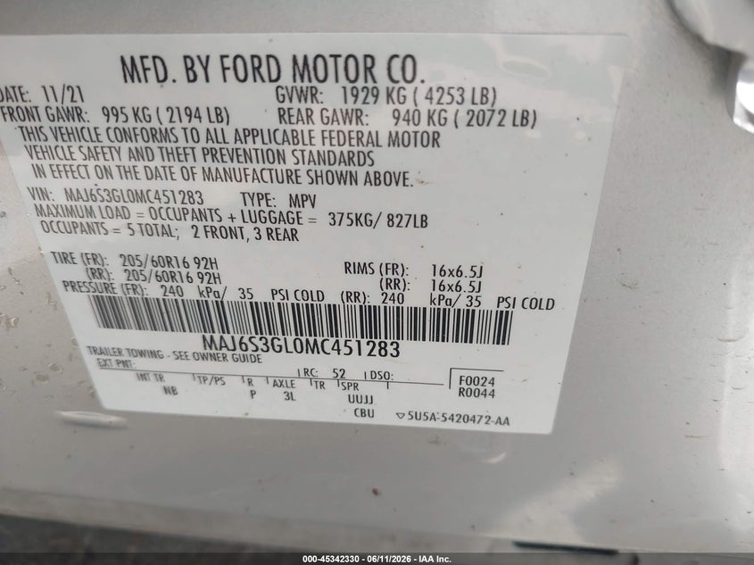 2021 Ford Ecosport Se VIN: MAJ6S3GL0MC451283 Lot: 45342330