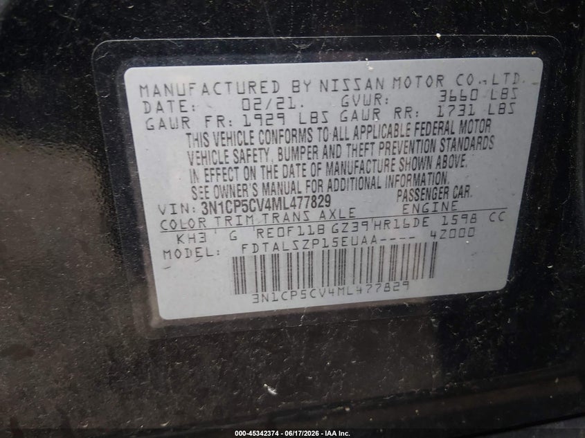 2021 Nissan Kicks Sv Xtronic Cvt VIN: 3N1CP5CV4ML477829 Lot: 45342374