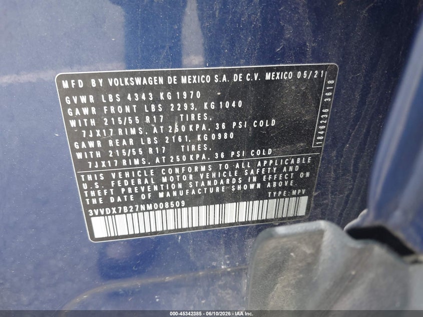 2022 Volkswagen Taos 1.5T S VIN: 3VVDX7B27NM008509 Lot: 45342385