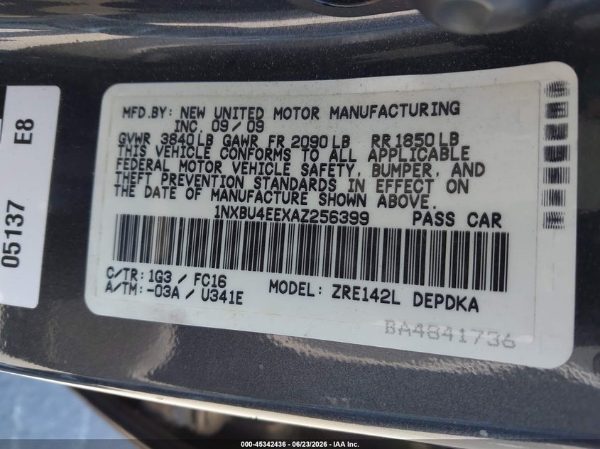 2010 TOYOTA COROLLA SEDAN 1.8L I-4 DOHC, VVT, 132HP