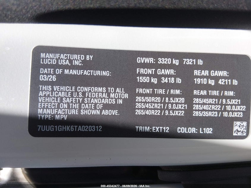 2026 Lucid Gravity Grand Touring VIN: 7UUG1GHK6TA020312 Lot: 45342477