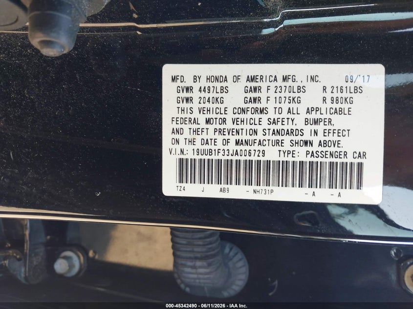 2018 Acura Tlx VIN: 19UUB1F33JA006729 Lot: 45342490