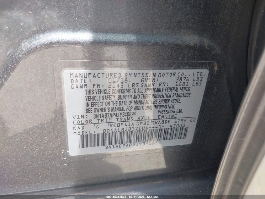 2018 Nissan Sentra S VIN: 3N1AB7AP4JY340894 Lot: 45342533