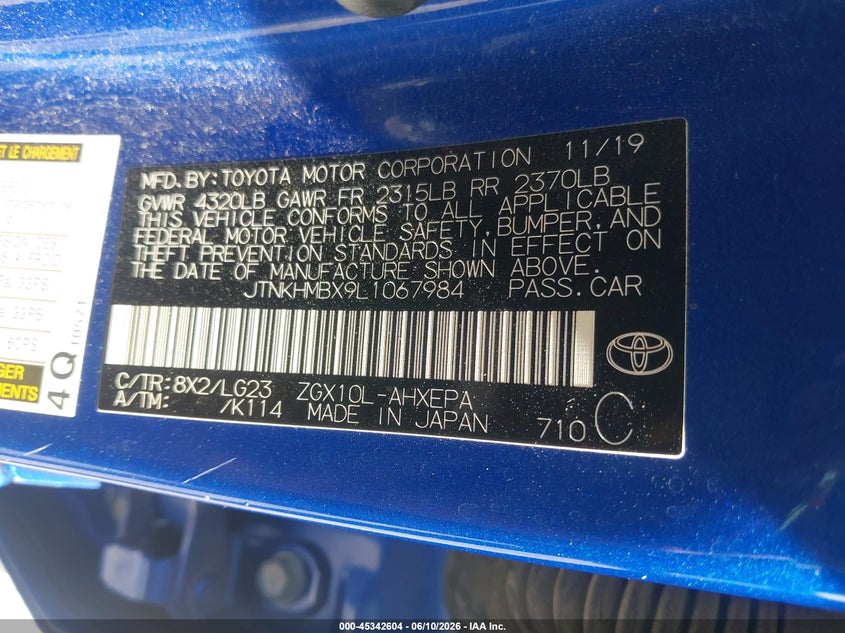 2020 Toyota C-Hr Limited VIN: JTNKHMBX9L1067984 Lot: 45342604