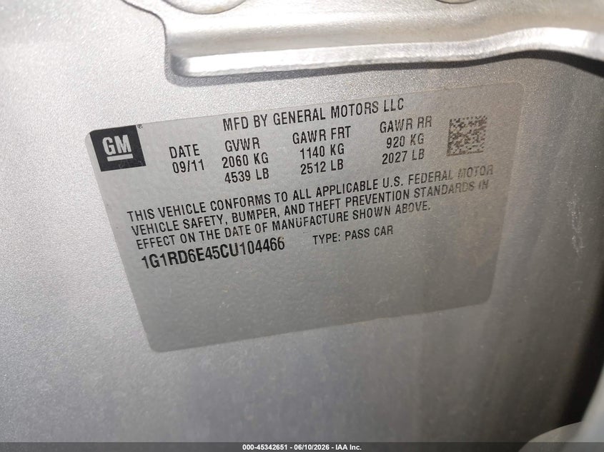 2012 Chevrolet Volt VIN: 1G1RD6E45CU104466 Lot: 45342651