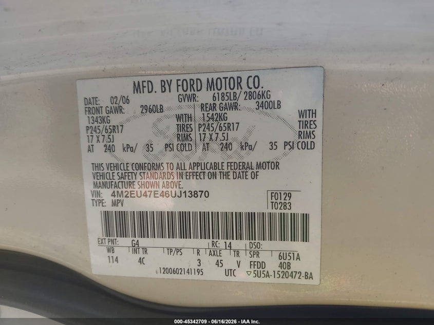 2006 Mercury Mountaineer Luxury VIN: 4M2EU47E46UJ13870 Lot: 45342709