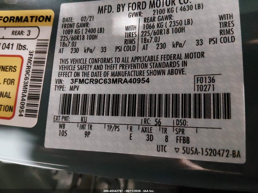 2021 Ford Bronco Sport Outer Banks VIN: 3FMCR9C63MRA40954 Lot: 45342767