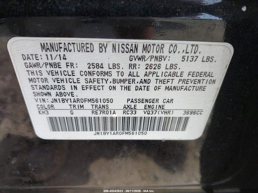 2015 Infiniti Q70 3.7X VIN: JN1BY1AR0FM561050 Lot: 45342823