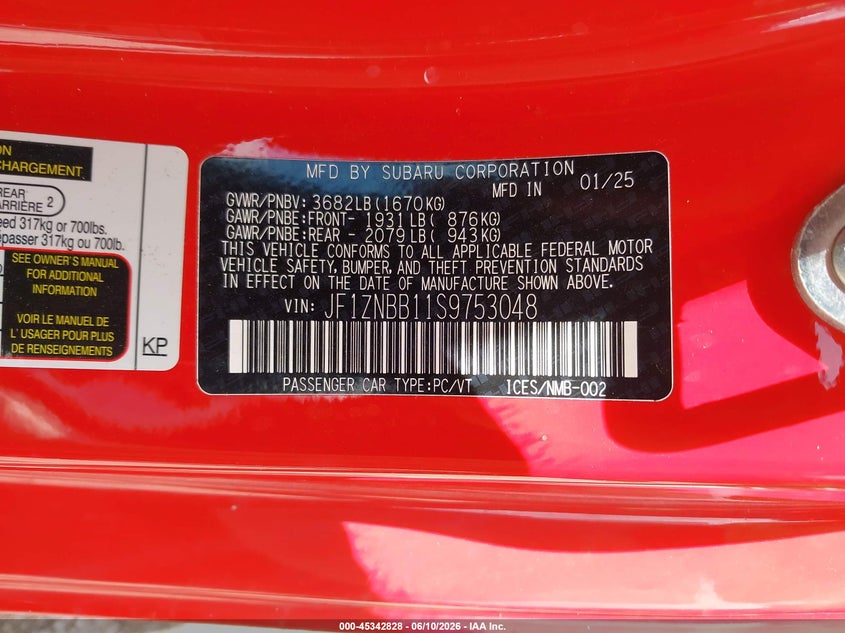 2025 Toyota Gr86 VIN: JF1ZNBB11S9753048 Lot: 45342828