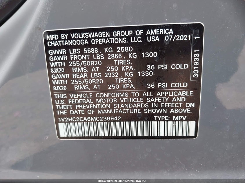 2021 Volkswagen Atlas Cross Sport 2.0T Se W/Technology VIN: 1V2HC2CA6MC236942 Lot: 45342869