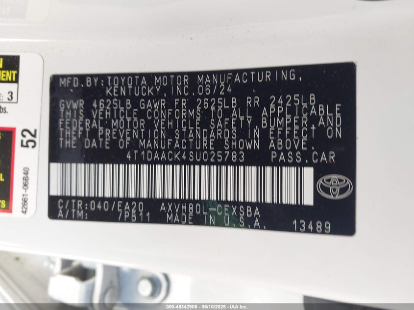 2025 TOYOTA CAMRY 2.5L I-4 DI, DOHC, V(VIN: 4T1DAACK4SU025783