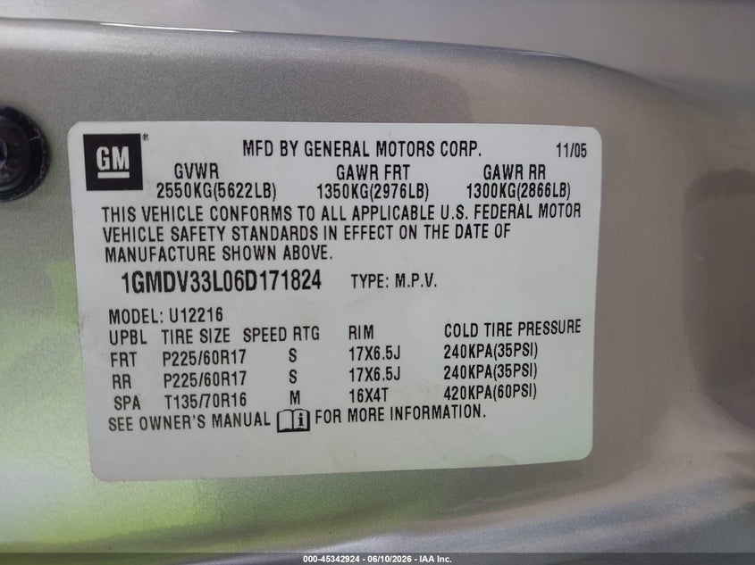 2006 Pontiac Montana Sv6 VIN: 1GMDV33L06D171824 Lot: 45342924