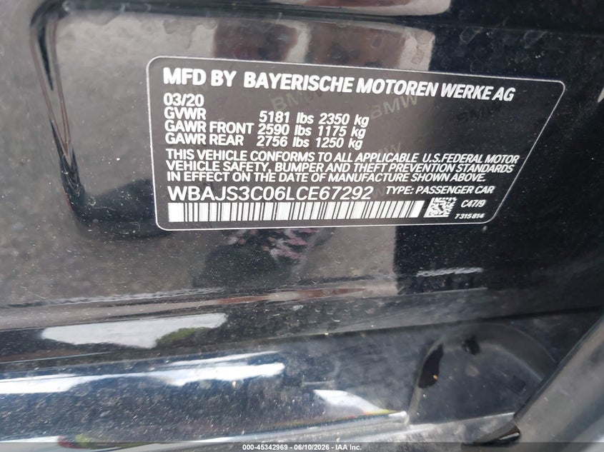 2020 BMW 540I xDrive VIN: WBAJS3C06LCE67292 Lot: 45342969