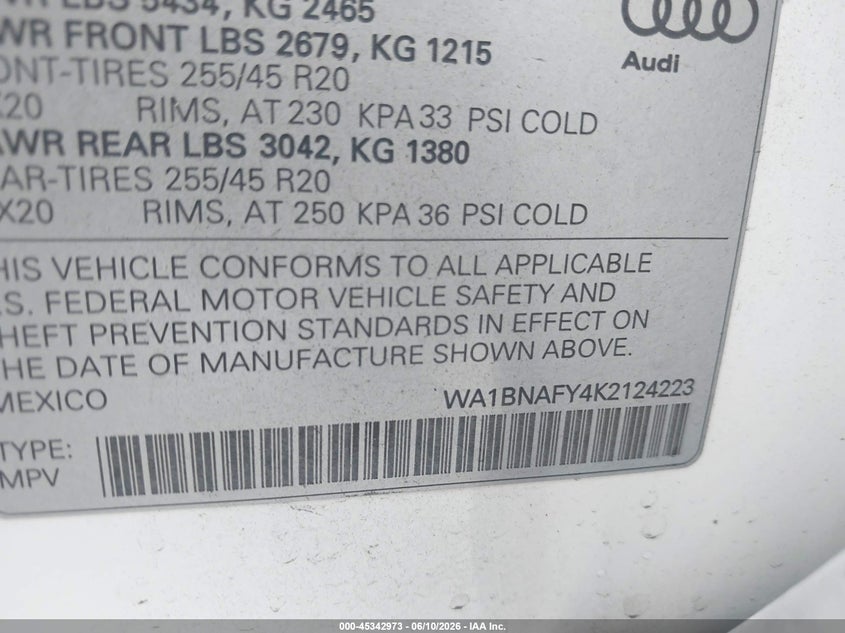 2019 Audi Q5 45 Premium VIN: WA1BNAFY4K2124223 Lot: 45342973