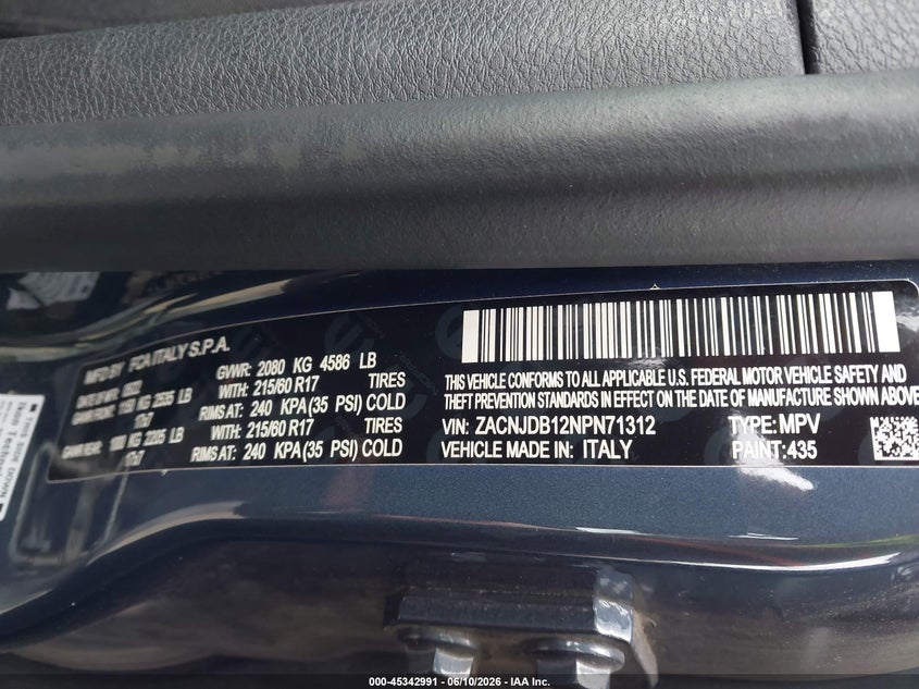 2022 Jeep Renegade Latitude 4X4 VIN: ZACNJDB12NPN71312 Lot: 45342991