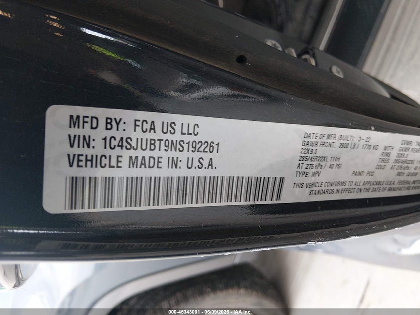 2022 Jeep Wagoneer Series Ii 4X2 VIN: 1C4SJUBT9NS192261 Lot: 45343001