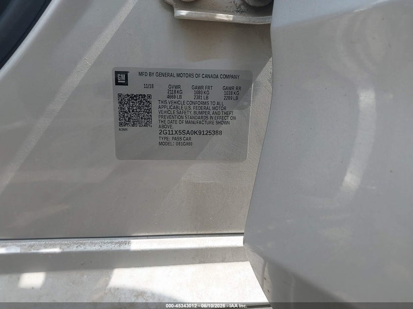 CHEVROLET IMPALA 2019 VIN 2G11X5SA0K9125388