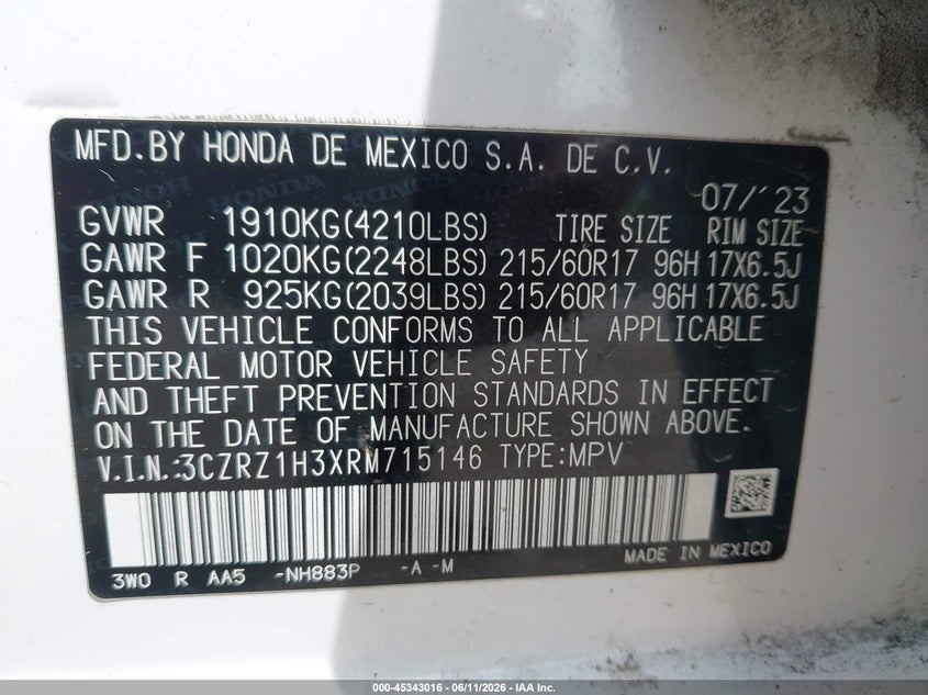 2024 Honda Hr-V 2Wd Lx VIN: 3CZRZ1H3XRM715146 Lot: 45343016