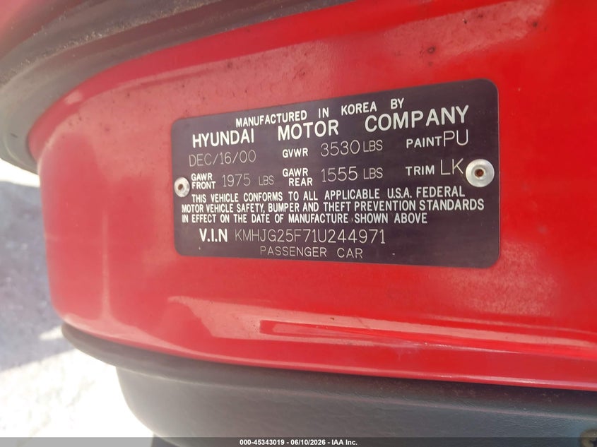 2001 Hyundai Tiburon Base Pkg 1 2 VIN: KMHJG25F71U244971 Lot: 45343019