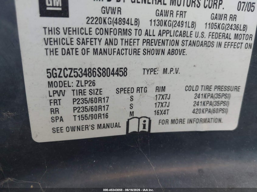 2006 Saturn Vue V6 VIN: 5GZCZ53486S804458 Lot: 45343058