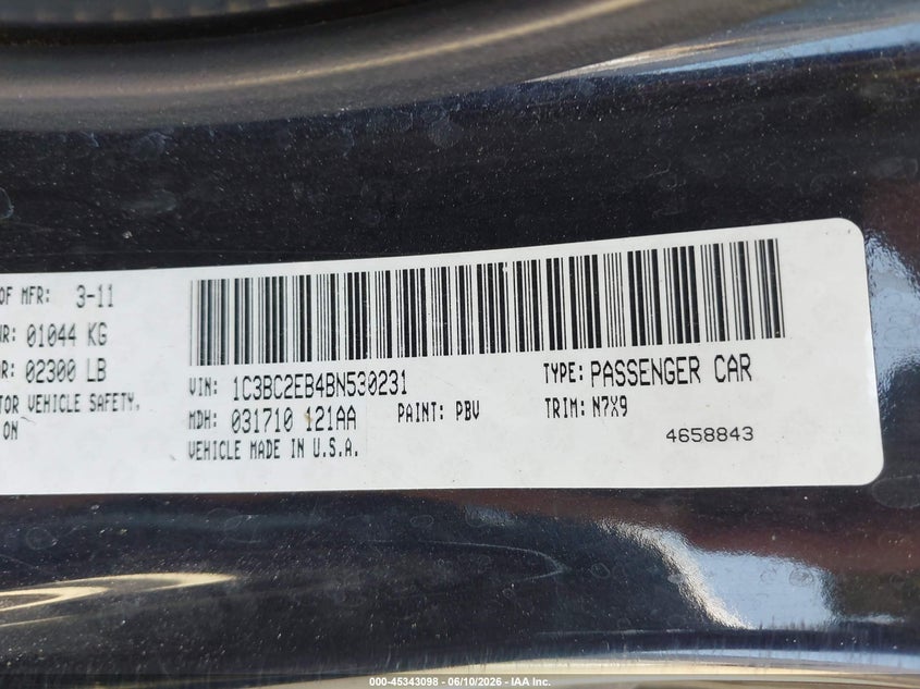 2011 Chrysler 200 Touring VIN: 1C3BC2EB4BN530231 Lot: 45343098