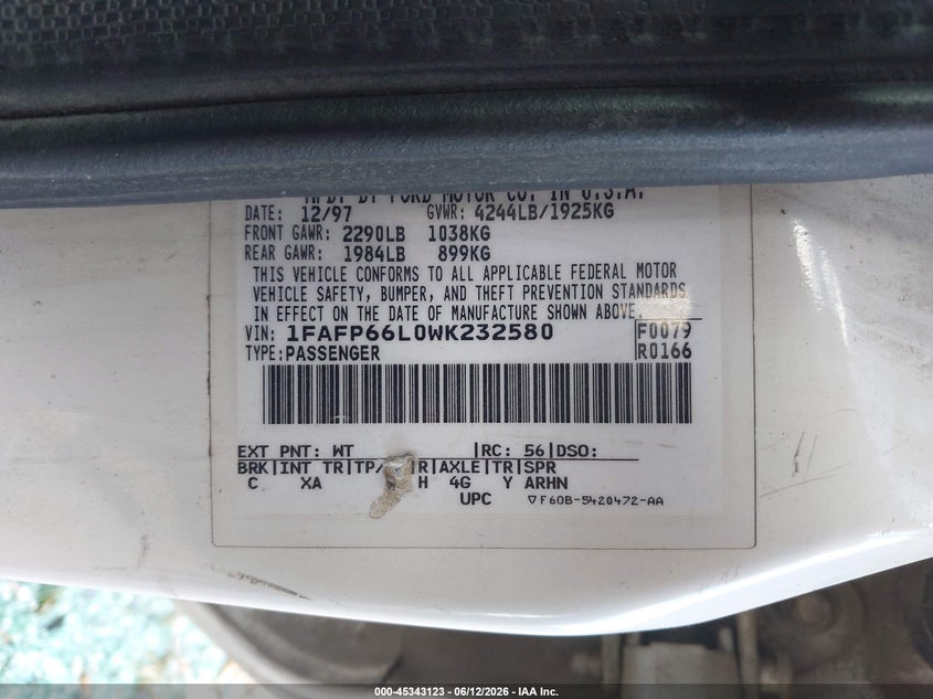 1998 FORD CONTOUR SEDAN 2.0L I-4 DOHC, VVT, 125HP